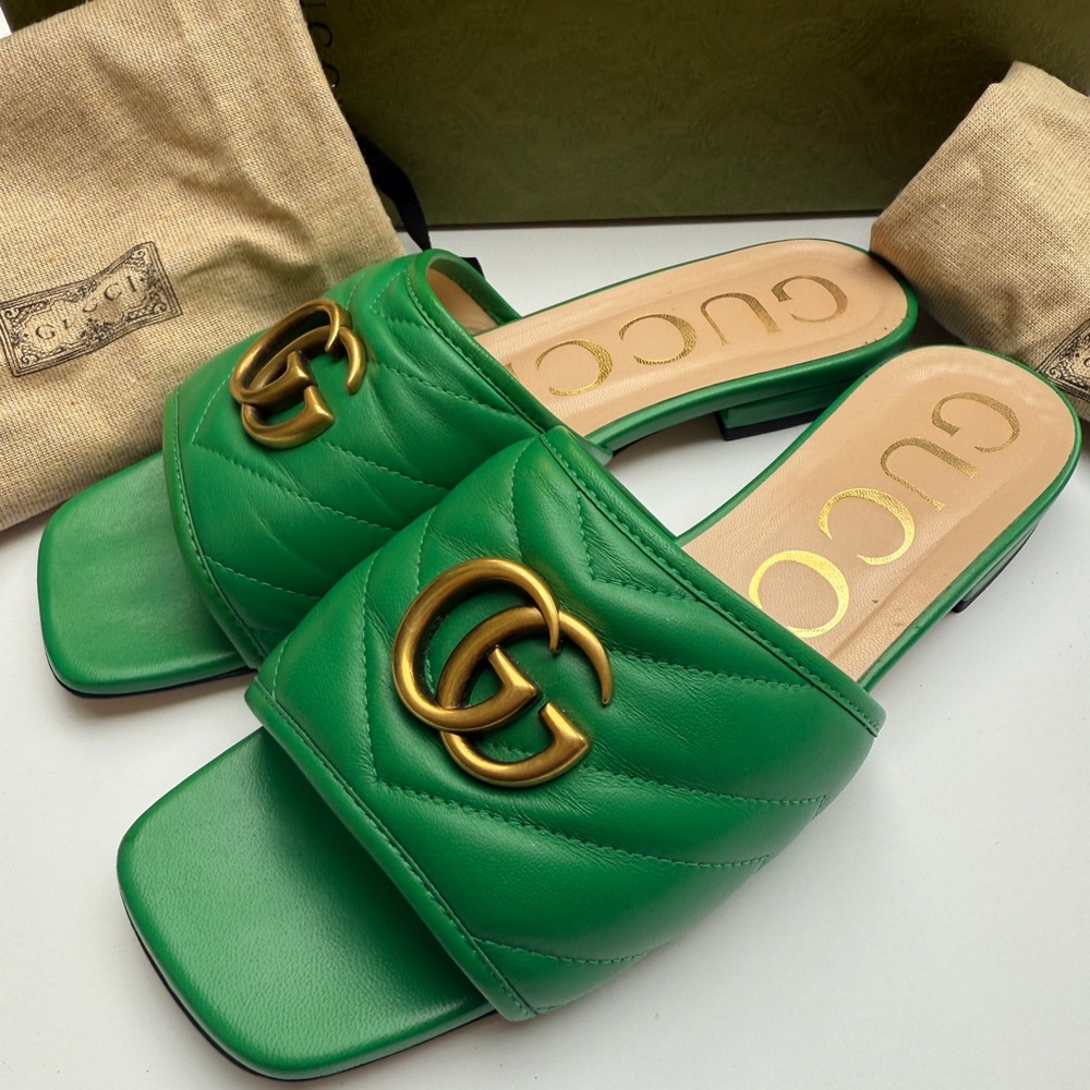 Authentic Gucci Marmot Green Slide GG Interlocking Sandals Size 6.5